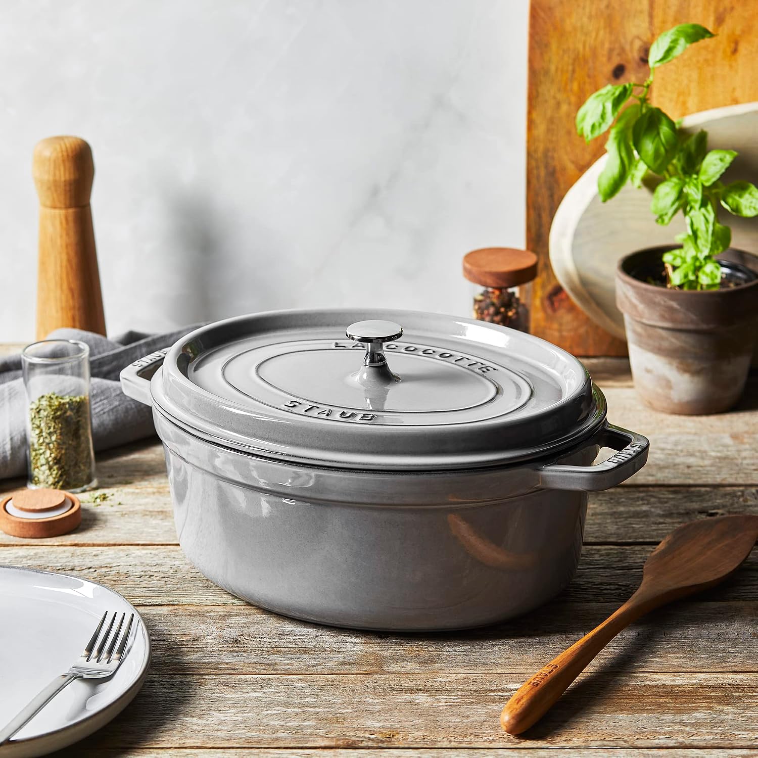 staub La Cocotte Oval 40509-324 Pico Cocotte Oval Gray 13.0 inches (33 cm) Large Two-Handed Cast Enameled Pot, Induction Compatible
