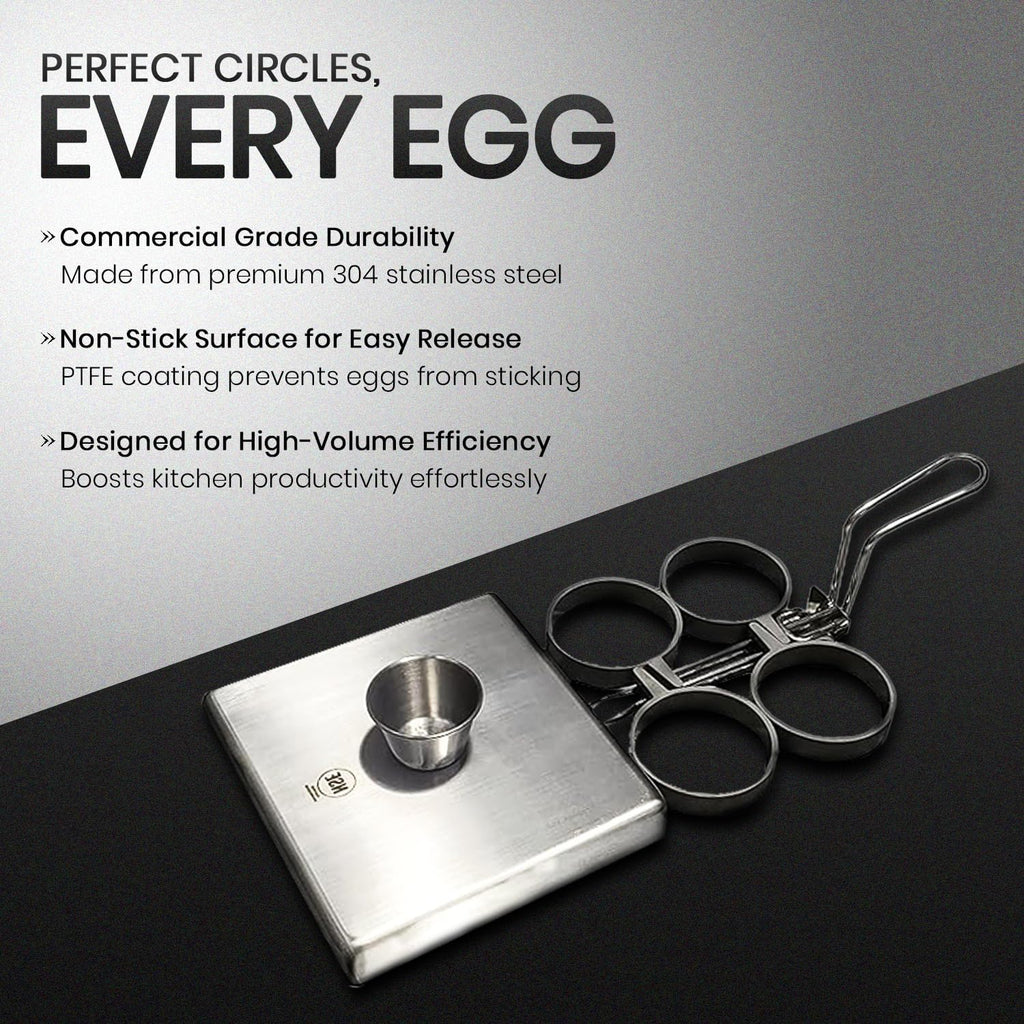 Rattleware Stainless Steel Egg Rings Commercial-Grade Egg Fryer Ring for Frying Eggs – Durable Metal Round Rings with Heat-Resistant Handle – Breakfast Kitchen Gadgets and Egg Cooker (4 Ring Set)