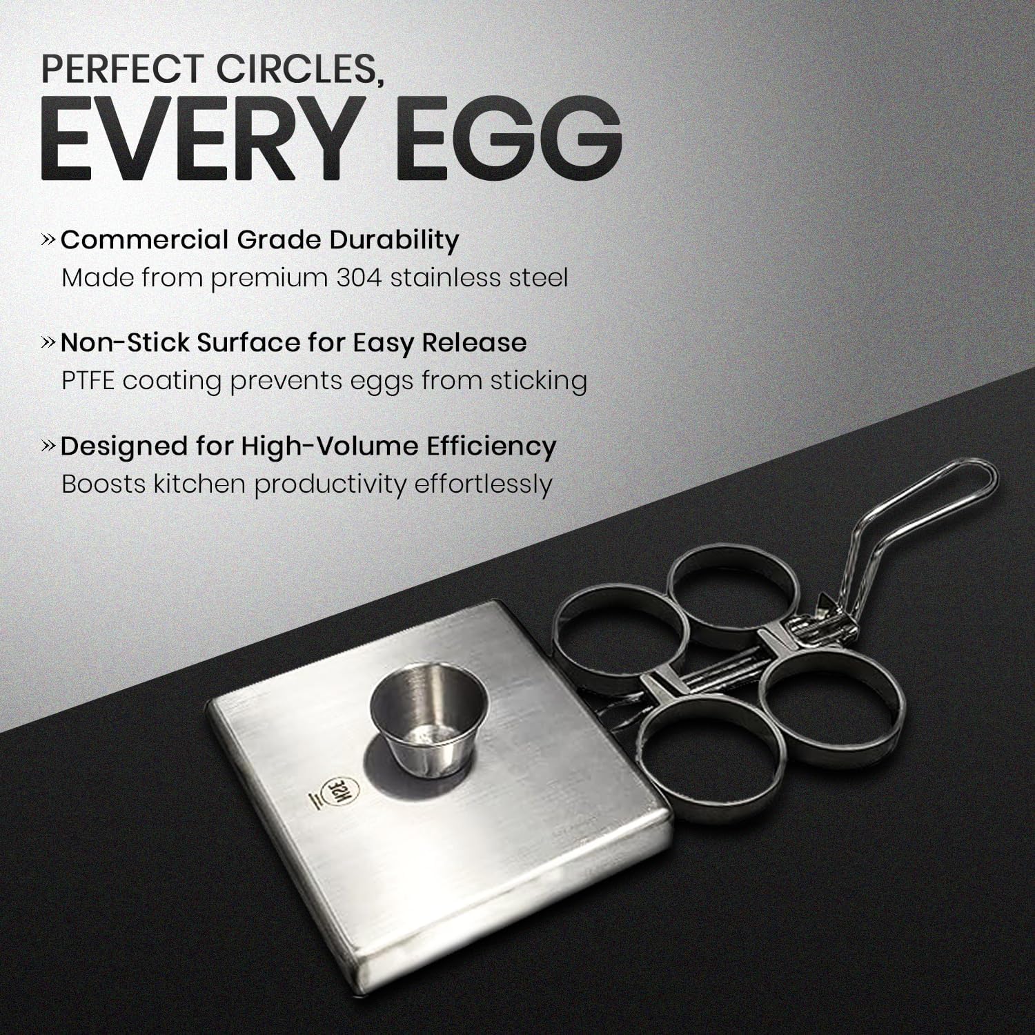 Rattleware Stainless Steel Egg Rings Commercial-Grade Egg Fryer Ring for Frying Eggs – Durable Metal Round Rings with Heat-Resistant Handle – Breakfast Kitchen Gadgets and Egg Cooker (4 Ring Set)