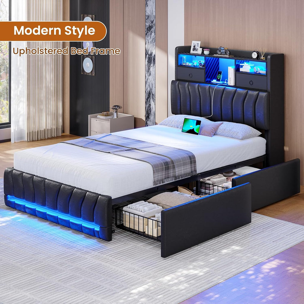 DICTAC Twin Bed Frames with Storage Headboard and 2 Large Drawers, Gaming Bed with RGB Lights and Charging Station, Leather Upholstered Platform Bed, Esports-Style Bed, No Box Spring Needed, Black