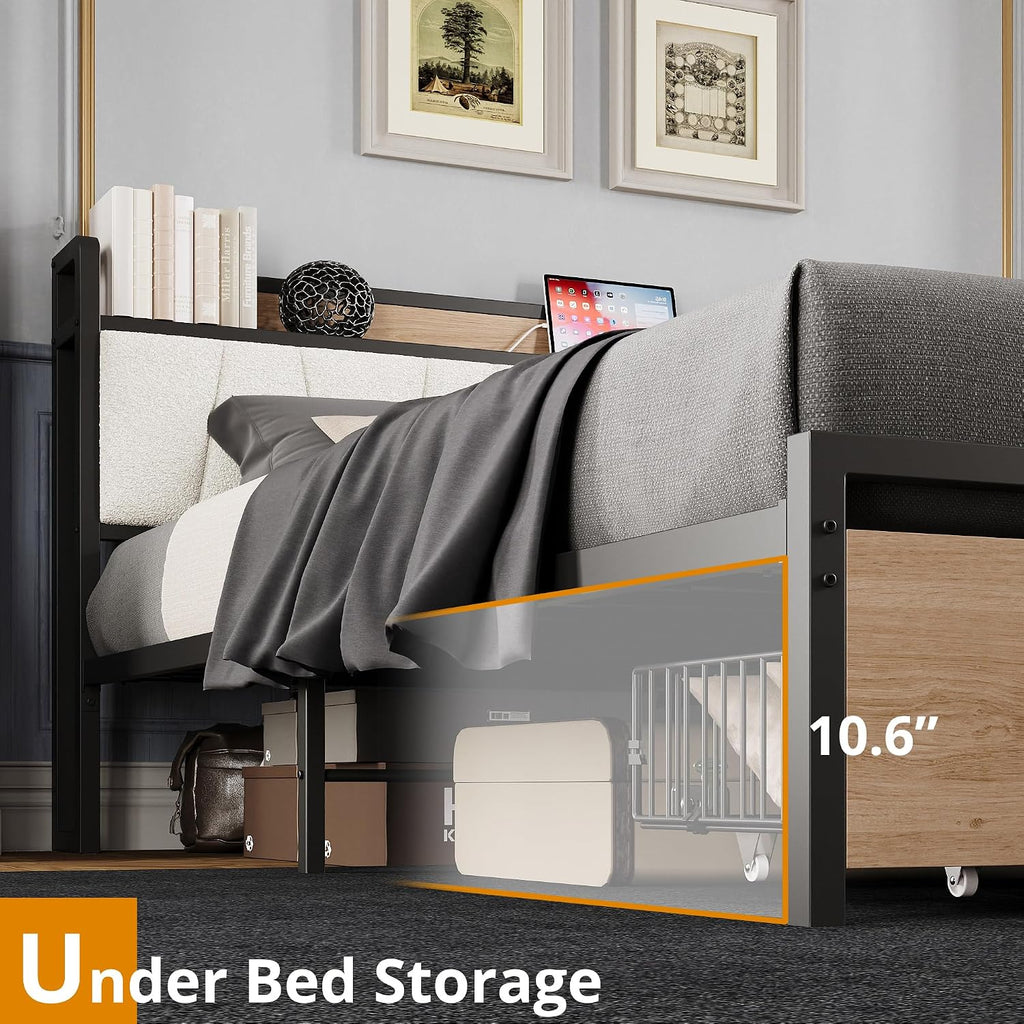 LIKIMIO California King Size Bed Frame, Storage Headboard with Charging Station, Platform Bed with Drawers, No Box Spring Needed, Easy Assembly, Wood and Cream