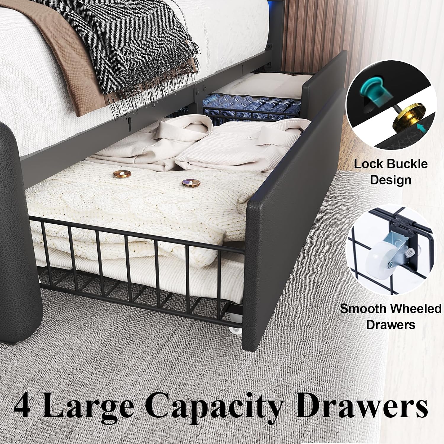 Full Size Bed Frame with 4 Storage Drawers and LED Lights, Upholstered Platform Bed with Adjustable Headboard and Charging Station, Metal Slats Support, No Box Spring Needed,Easy Assembly, Black
