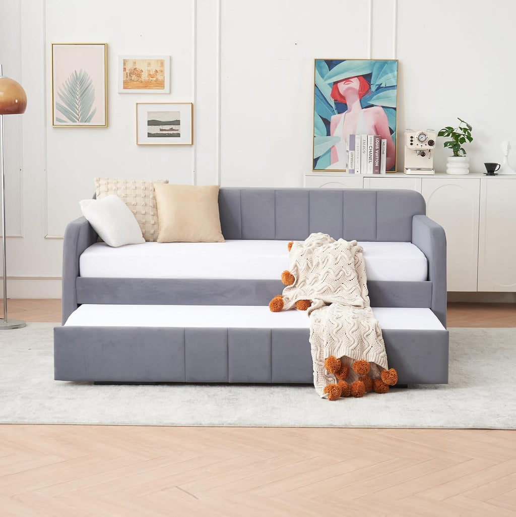 Deolme Twin to King Daybed with Trundle, USB Ports, Velvet Upholstered Daybed with Pop Up Trundle Bed, Modern Extendable Day Bed Frame for Kid Adult Bedroom Living Room Guest Room Small Places Gray