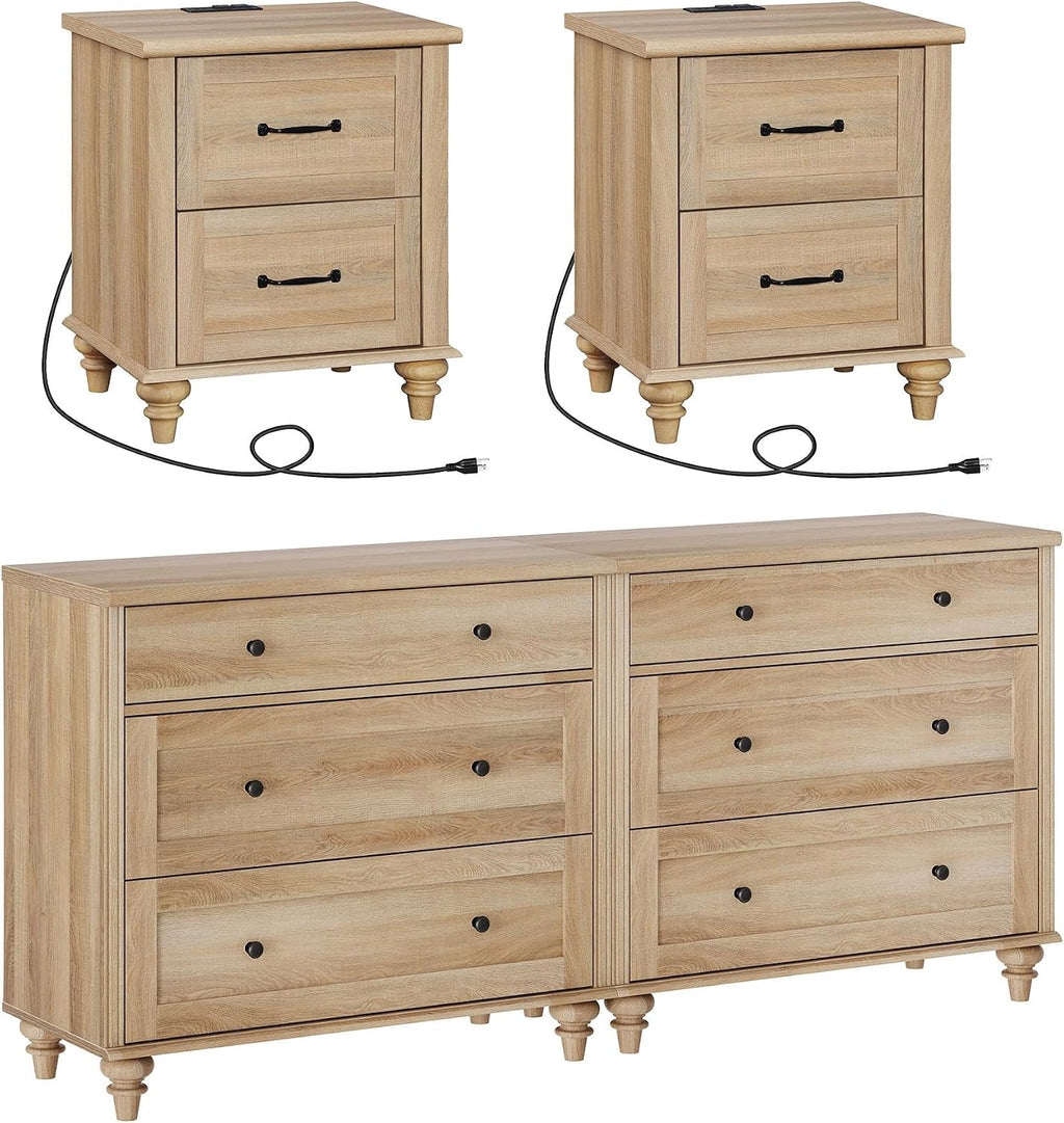 WAMPAT 4 Piece Bedroom Set, Set of 2 Wooden Dressers with 3 Drawers, Set of 2 Rattan Bedside Table Side Tables with Charging Station, 4 Piece Dresser and Nightstand Sets, Oak