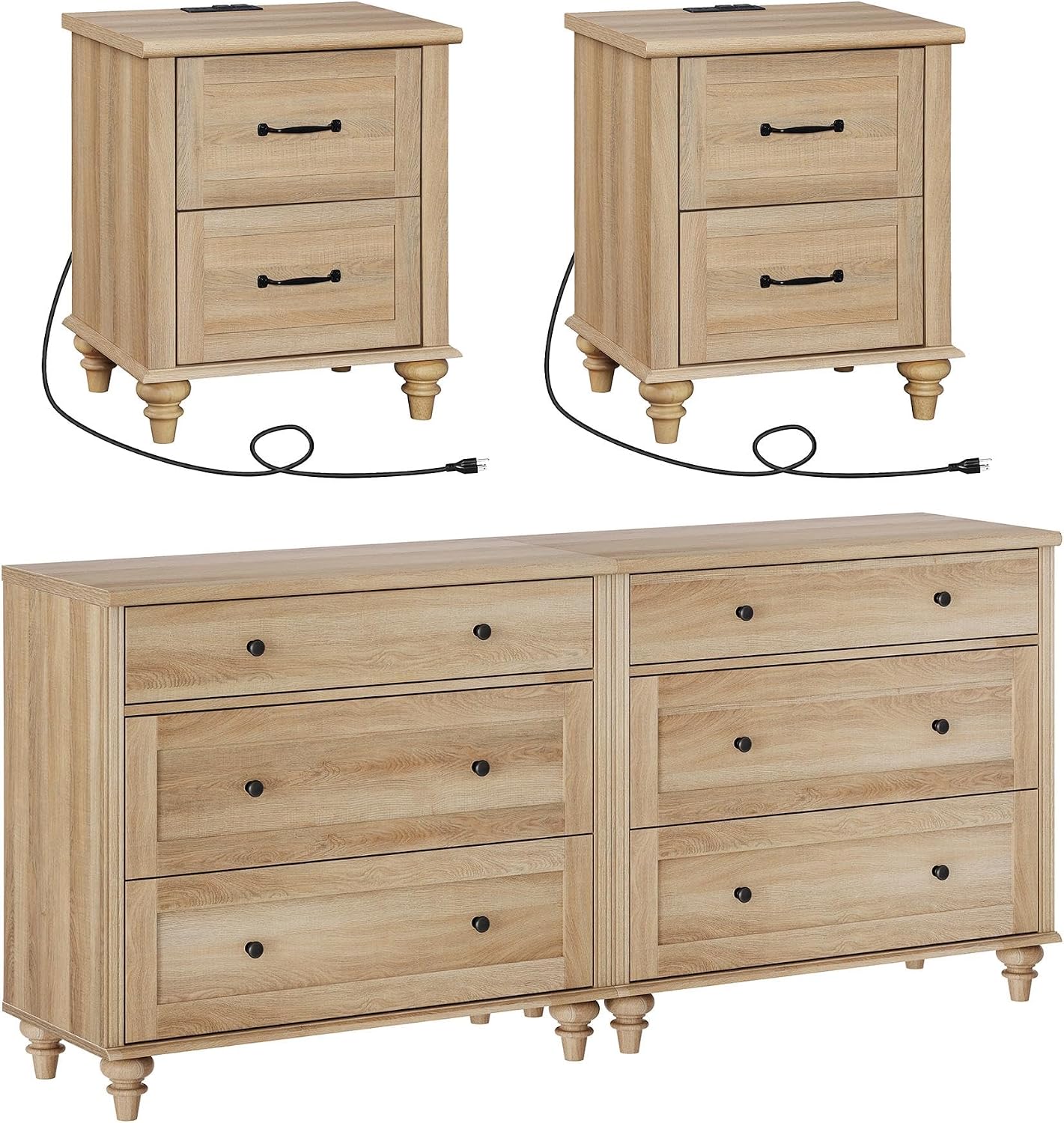 WAMPAT 4 Piece Bedroom Set, Set of 2 Wooden Dressers with 3 Drawers, Set of 2 Rattan Bedside Table Side Tables with Charging Station, 4 Piece Dresser and Nightstand Sets, Oak