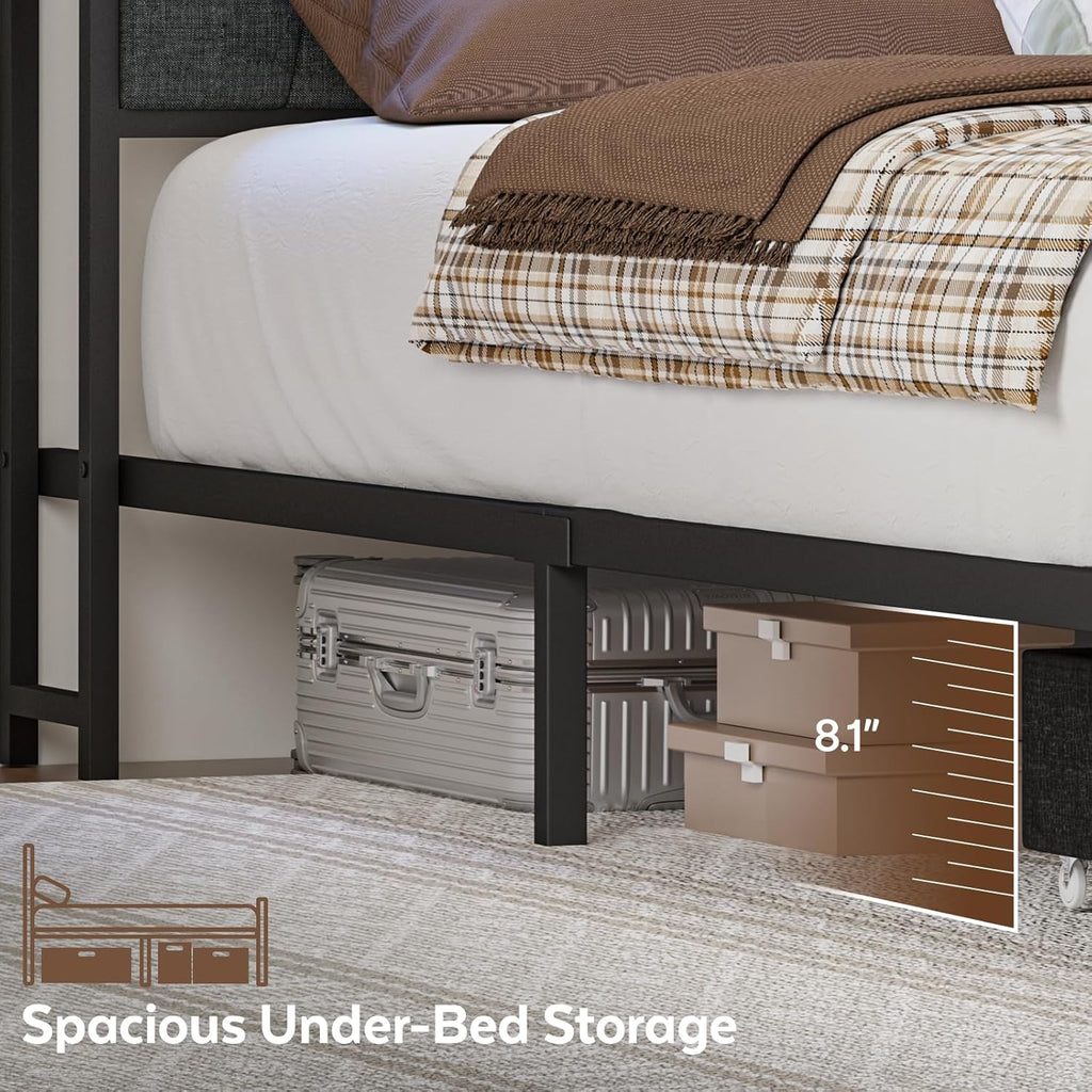 Full Corner Bed Frame with Storage Drawers, Modern Daybed with LED Lights and Charging Station, Metal Platform Bed Frame Full Size with Linen Upholstered Guardrail for Dorm Bedroom, Grey