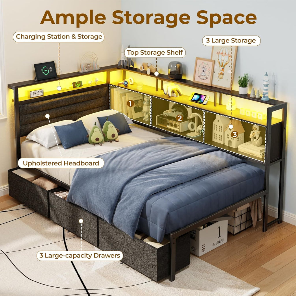 OURPIC Corner Bed Frame with Storage Bookcase and LED Lights, Twin Size Bed Frames with Upholstered Headboard and Charging Station, Twin Daybed with 3 Storage Drawers, Black