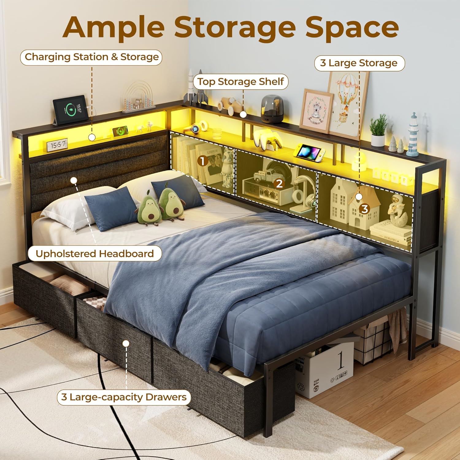 OURPIC Corner Bed Frame with Storage Bookcase and LED Lights, Twin Size Bed Frames with Upholstered Headboard and Charging Station, Twin Daybed with 3 Storage Drawers, Black