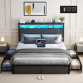 SADENICEL Queen Bed Frame with Storage Headboard and 4 Drawers, Metal Platform Bed Frame with LED Light, Charging Station, No Box Spring Needed, Noise Free, Easy Assembly, Rustic Grey