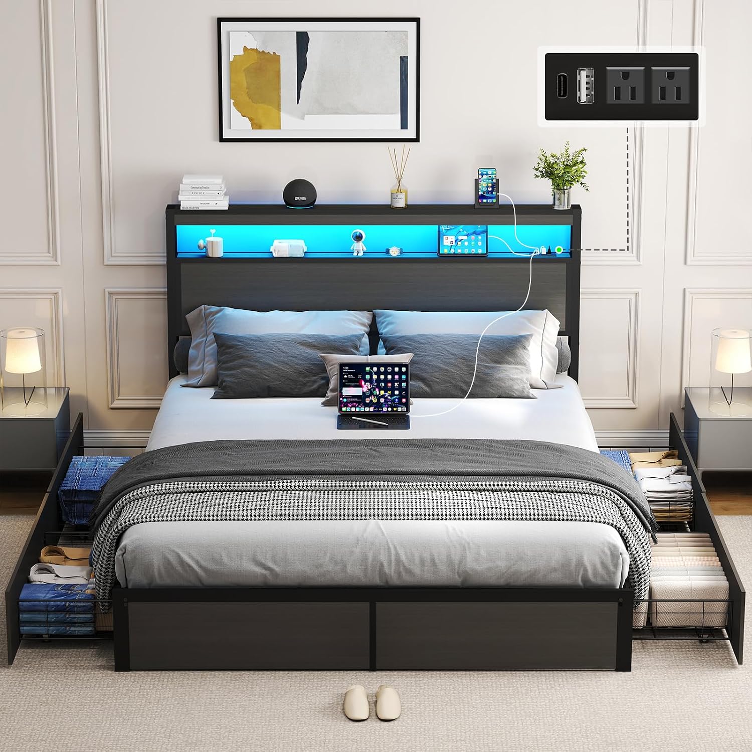 SADENICEL Queen Bed Frame with Storage Headboard and 4 Drawers, Metal Platform Bed Frame with LED Light, Charging Station, No Box Spring Needed, Noise Free, Easy Assembly, Rustic Grey