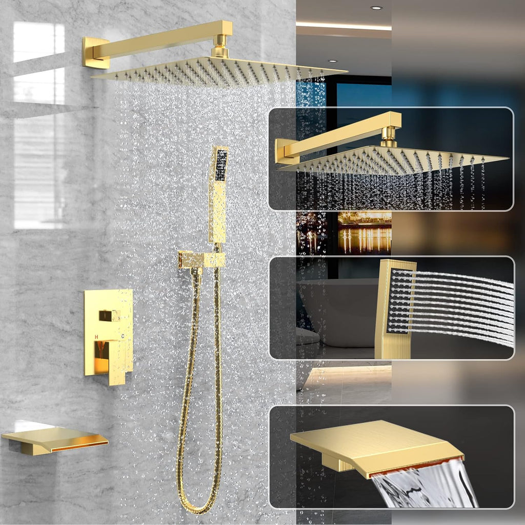 Rain Shower System 12 inch Shower Faucet Set with Tub Spout,Bathroom Wall Mounted Waterfall Shower Head Bath tub Faucet Sets Complete with Handheld Spray,Included Valve Body and Trim kit,Brushed Gold