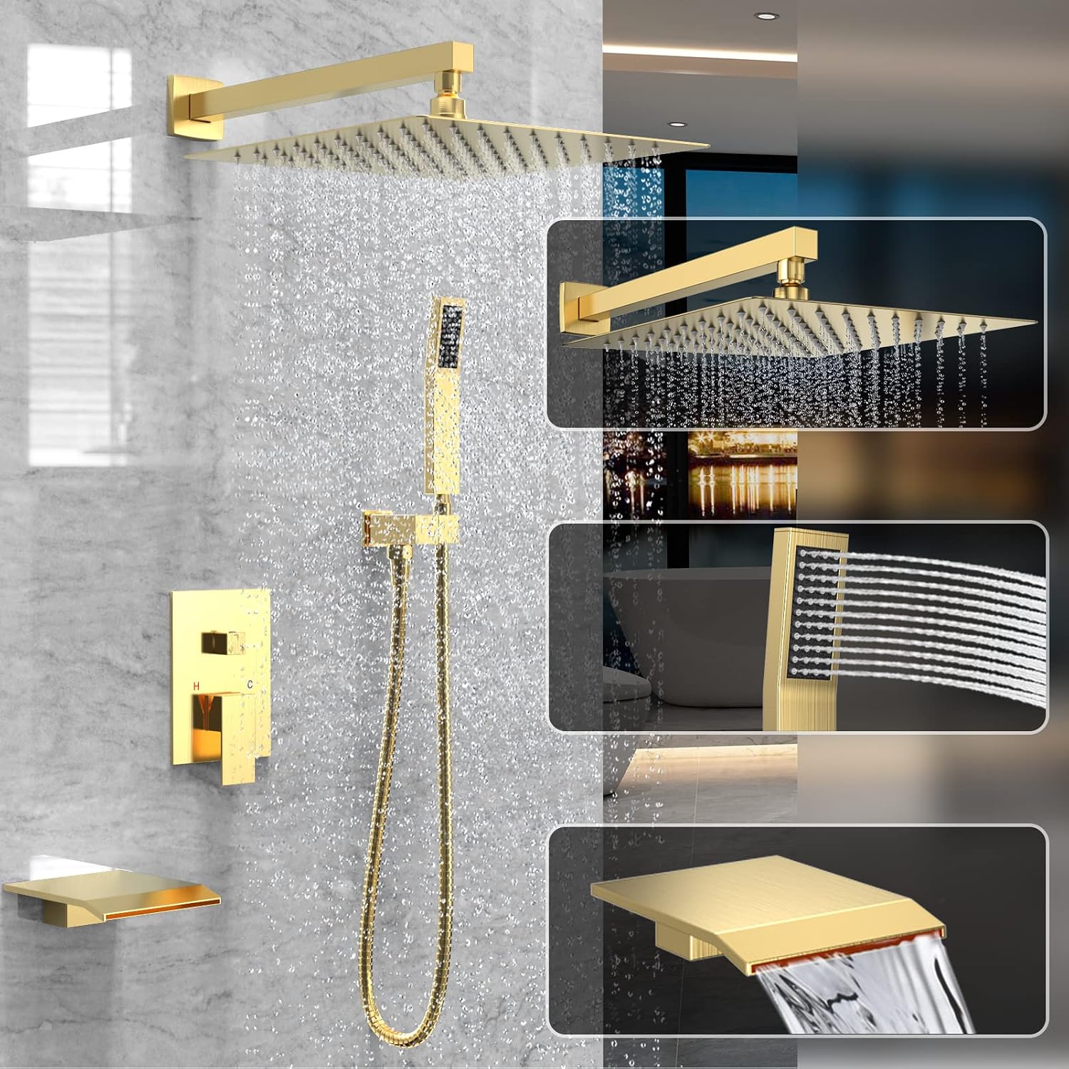 Rain Shower System 12 inch Shower Faucet Set with Tub Spout,Bathroom Wall Mounted Waterfall Shower Head Bath tub Faucet Sets Complete with Handheld Spray,Included Valve Body and Trim kit,Brushed Gold