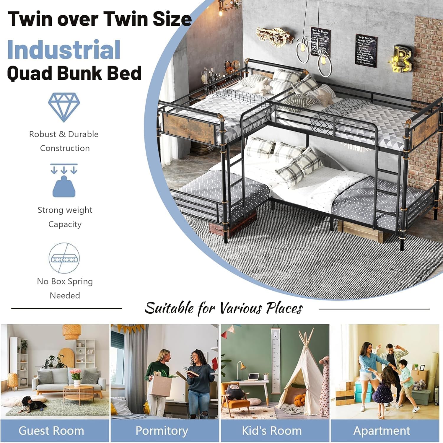 Quad Bunk Bed for 4, Metal L-Shaped Bunk Bed Frame, Industrial Twin 4 Bunk Beds for Kids, Detachable 4 Bunk Beds with Comfort Rungs for Teens Girls Boys，Black