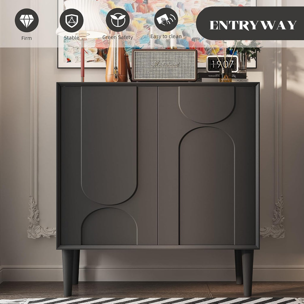 Easyego 63″ Mid Century Modern Sideboard Buffet Cabinet, Black Wood Accent Storage with 4 Doors & Adjustable Shelves for Living Room, Entryway, Dining Room, 2-Piece Set