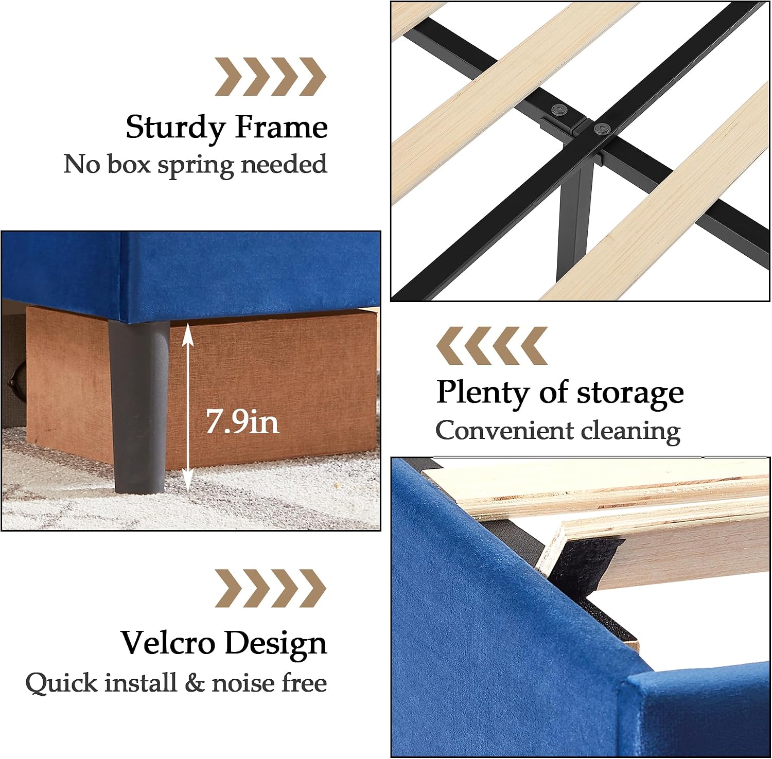 VECELO Queen Bed Frame, Platform Bed Frame with Adjustable Height Upholstered Headboard, Heavy-Duty Frames and Strong Wooden Slats Support, Non-Slip and Noise-Free, Easy Assembly, Dark Blue