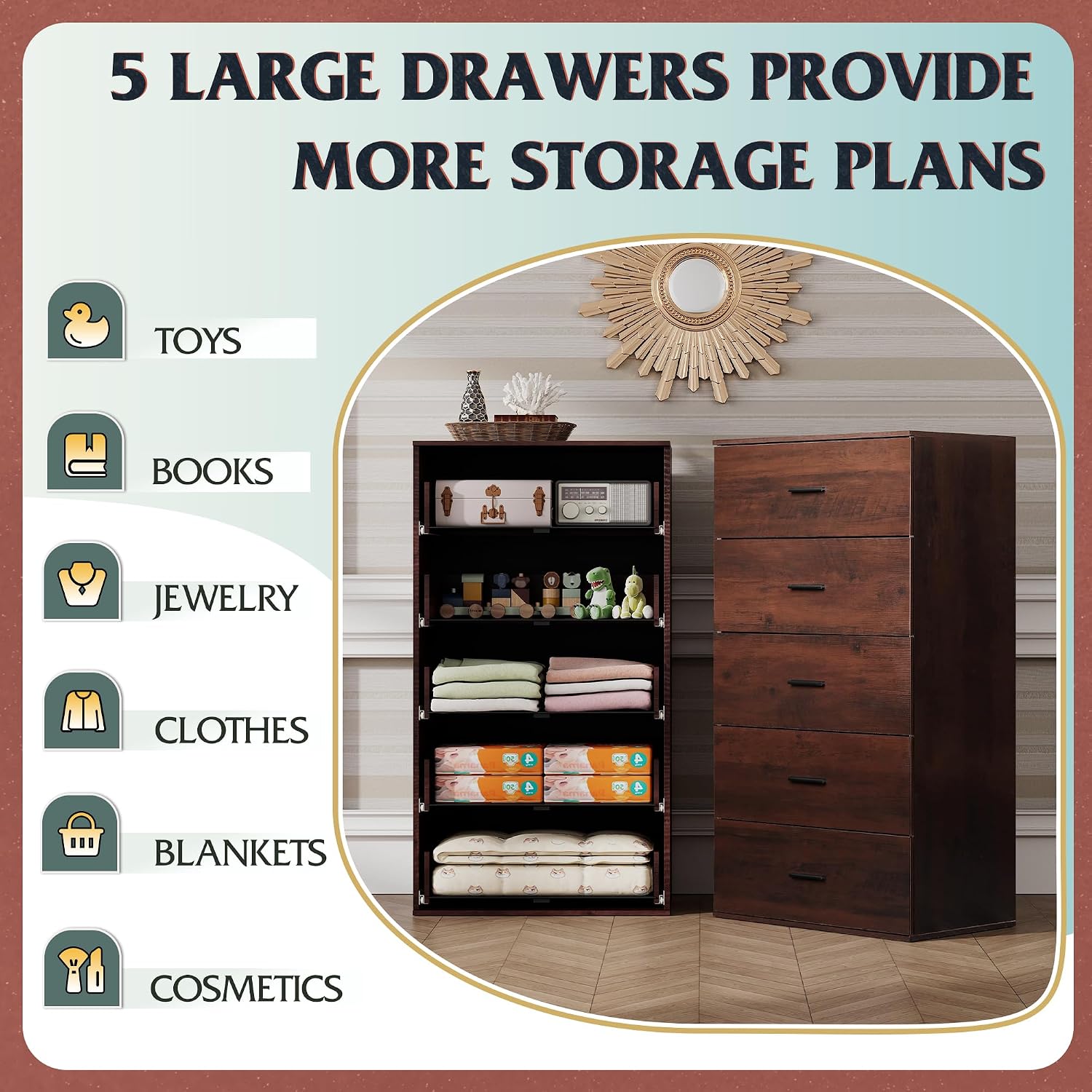 WLIVE Tall Dresser for Bedroom, Wood Chest of Drawers with Mental Handles, Brown Bedroom Dresser with 5 Drawers, Modern Minimalist Closet Store Organizer for Living Room, Hallway