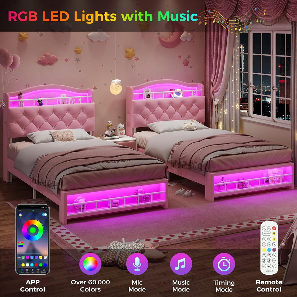 BTHFST Twin Szie Girls Bed with LED Lights & Charging Station, Princess Twin Size Bed Frame with Hidden Storage Headborad, Sturdy Platform Bed, No Box Spring Needed/Noise-Free/Easy Assembly, Pink