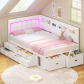 ADORNEVE Twin Corner Bed Frame with 8 Drawers, 6 Storage Pockets, Twin Daybed with Storage and RGB Wave Lights, Twin Size Platform Bed with L-Shaped Upholstered Guardrail for Kids Teen,White