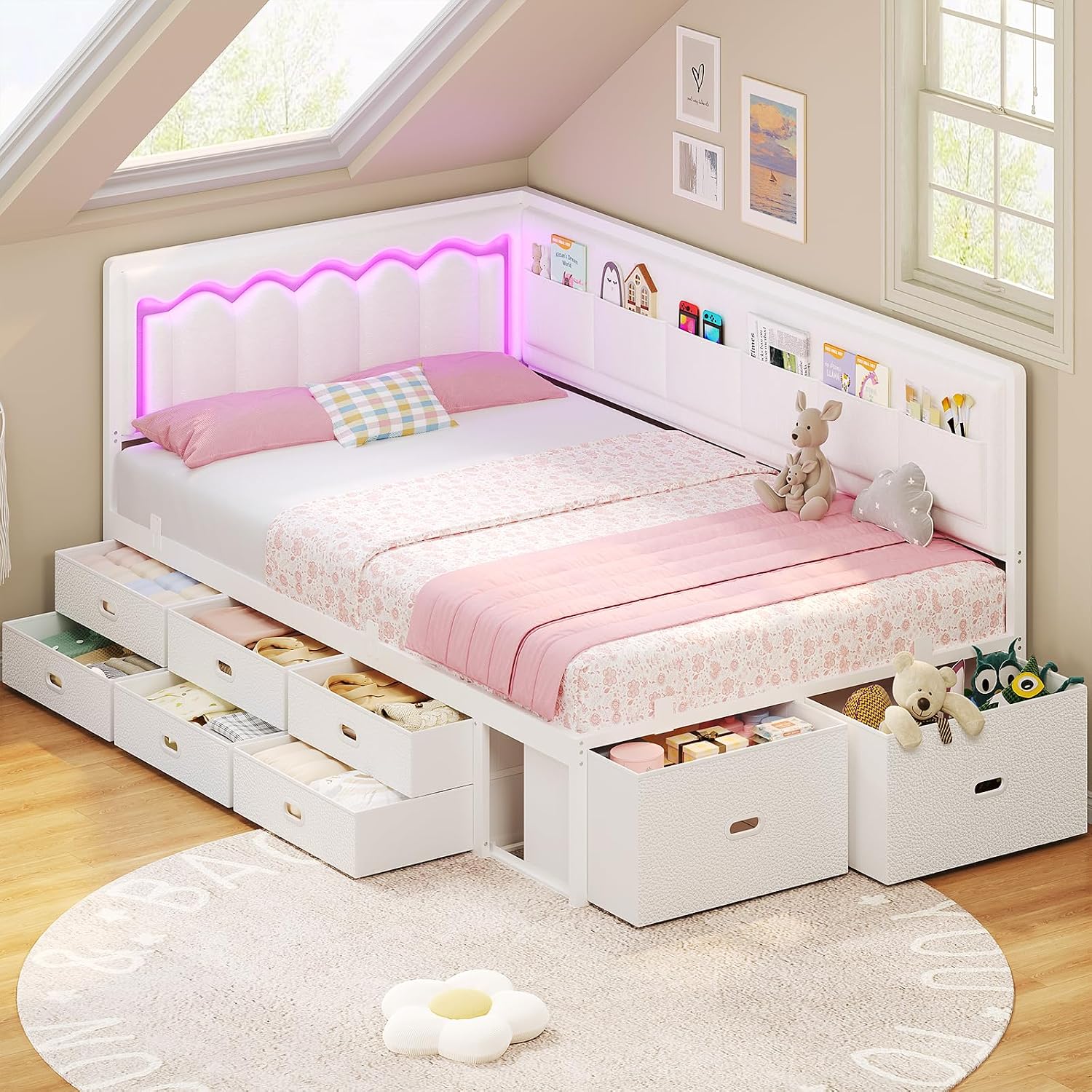ADORNEVE Twin Corner Bed Frame with 8 Drawers, 6 Storage Pockets, Twin Daybed with Storage and RGB Wave Lights, Twin Size Platform Bed with L-Shaped Upholstered Guardrail for Kids Teen,White