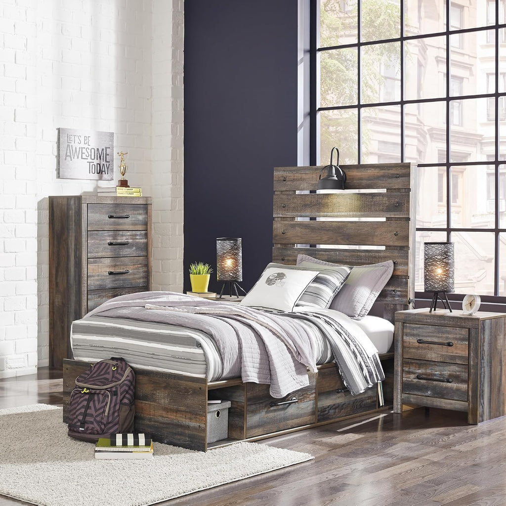 Signature Design by Ashley Drystan Rustic Twin Panel Platform Bed with 2 Storage Drawers, Open Cubbies, Sconce LED Light and USB Ports, Foundation or Box Spring Not Needed, Dark Brown & Gray