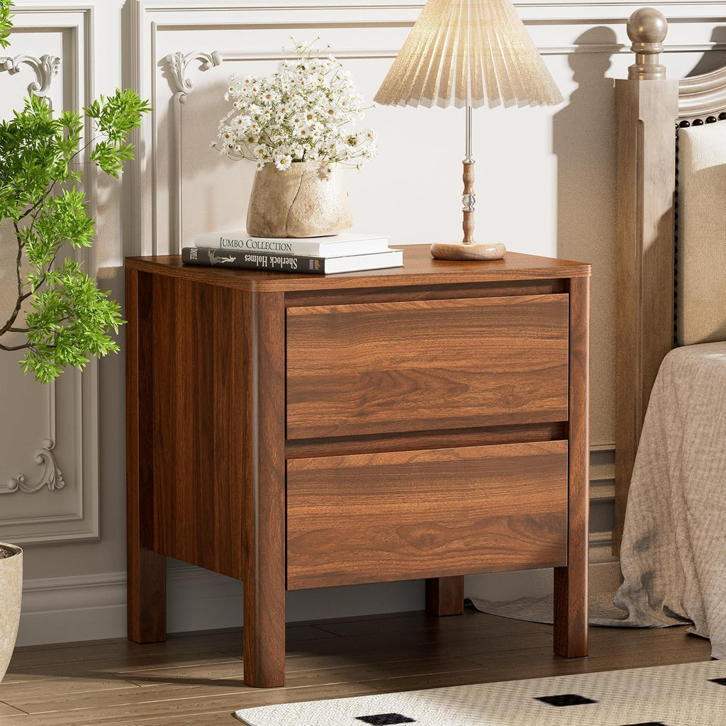 Furniway Walnut Mid-Century Modern 3 Piece Bedroom Furniture Set, 6 Drawer Dresser with Handleless Wood Grain Design and Nightstands Set of 2, Minimalist Storage Dresser for Bedroom
