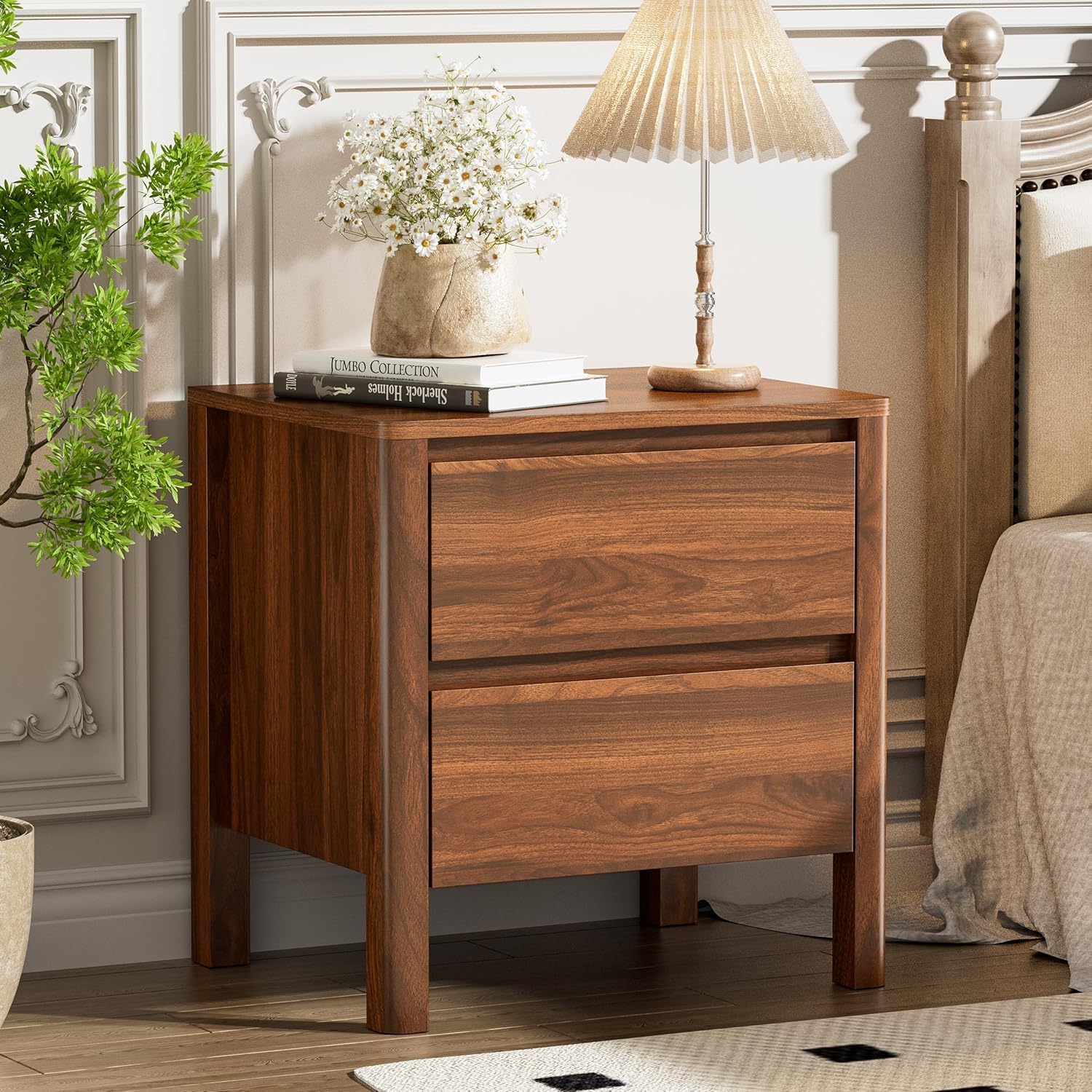 Furniway Walnut Mid-Century Modern 3 Piece Bedroom Furniture Set, 6 Drawer Dresser with Handleless Wood Grain Design and Nightstands Set of 2, Minimalist Storage Dresser for Bedroom