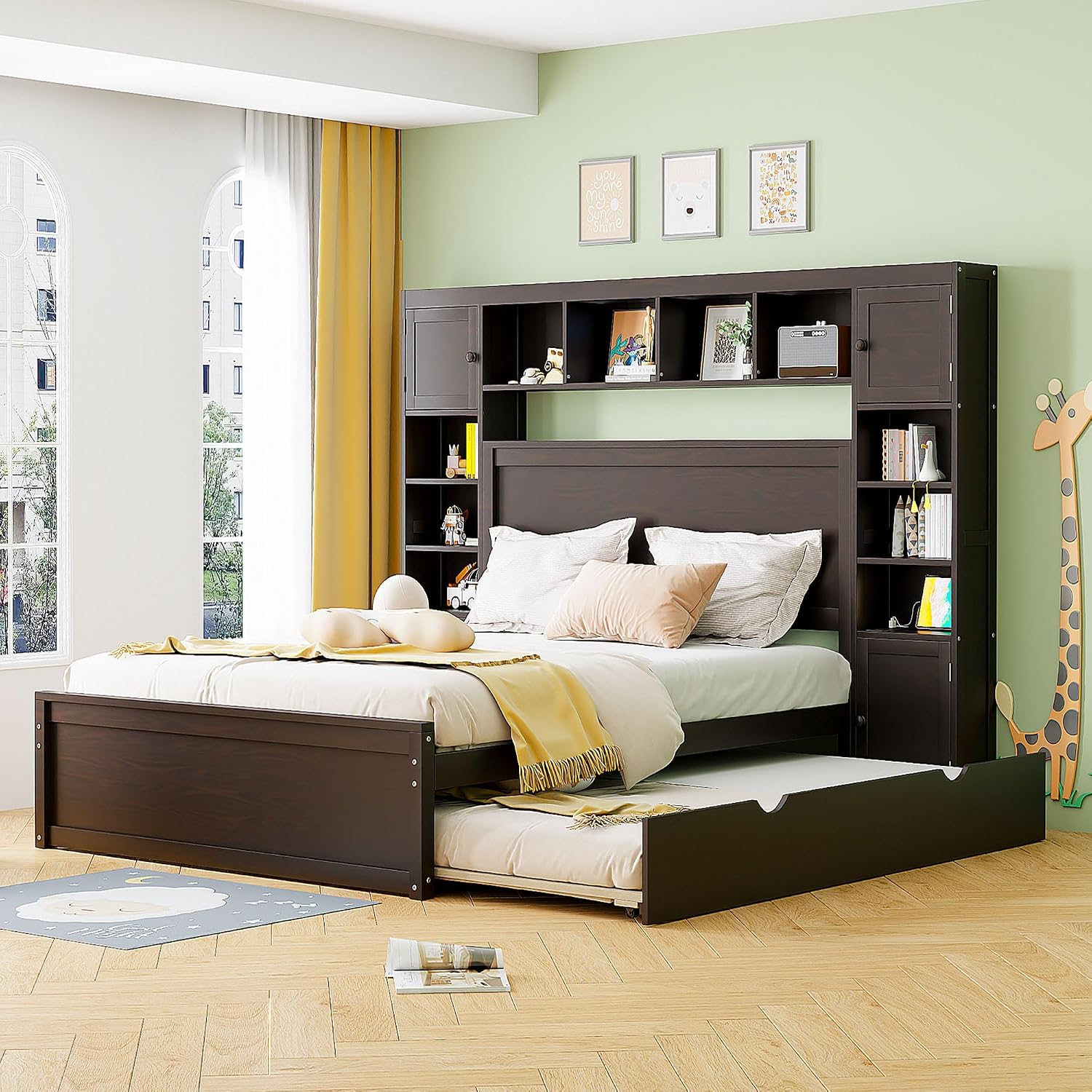 MERITLINE Queen Platform Bed with Storage Headboard,Trundle and Drawers,Solid Wood Queen Bed Frame with Charging Station and Storage for Adults(Espresso)