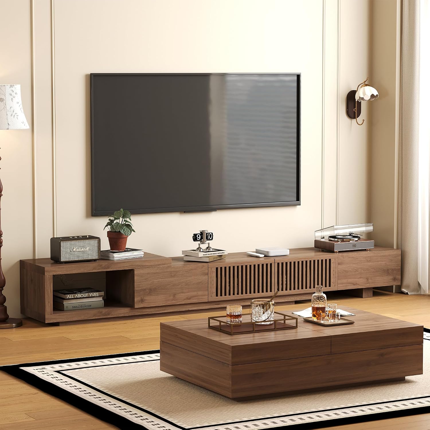 Mid-Century Modern TV Stand & Expandable Coffee Table Set, Walnut Finish, Stylish Storage Combo for Living Room or Bedroom (78.54' to 103' TV Stand+Coffee Table)