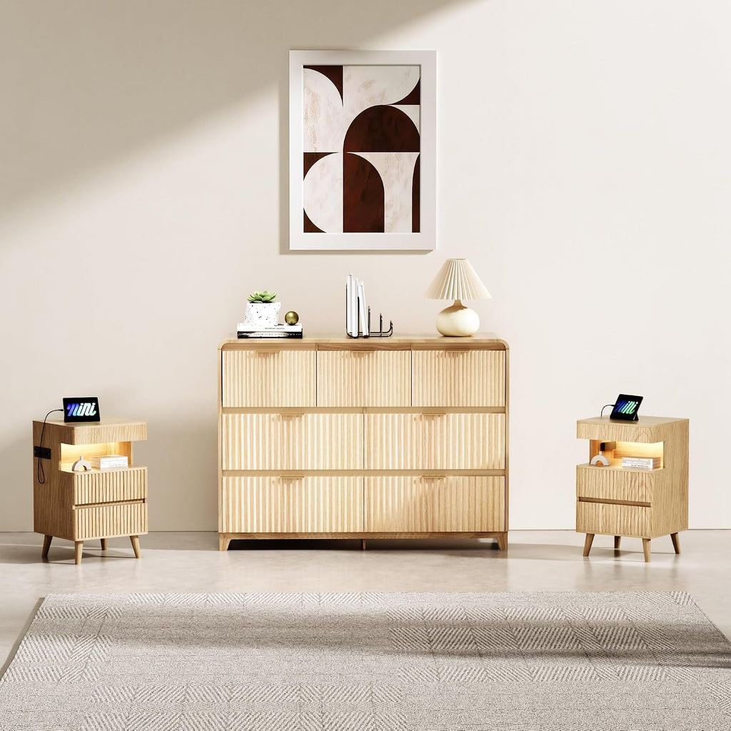 7 Drawer Dresser and 2 Nightstand Sets for Bedroom 3 Pcs Bedroom Set, Modern 47.2' Fluted Dresser with Metal Handles Nightstand Charging Station, Bedroom Furniture Set for Living Room, Natural