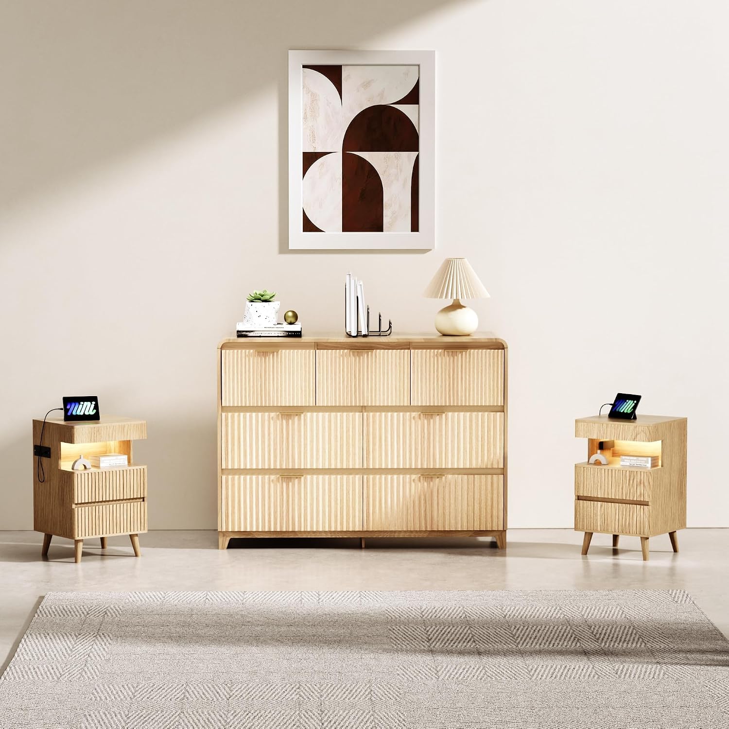 7 Drawer Dresser and 2 Nightstand Sets for Bedroom 3 Pcs Bedroom Set, Modern 47.2' Fluted Dresser with Metal Handles Nightstand Charging Station, Bedroom Furniture Set for Living Room, Natural