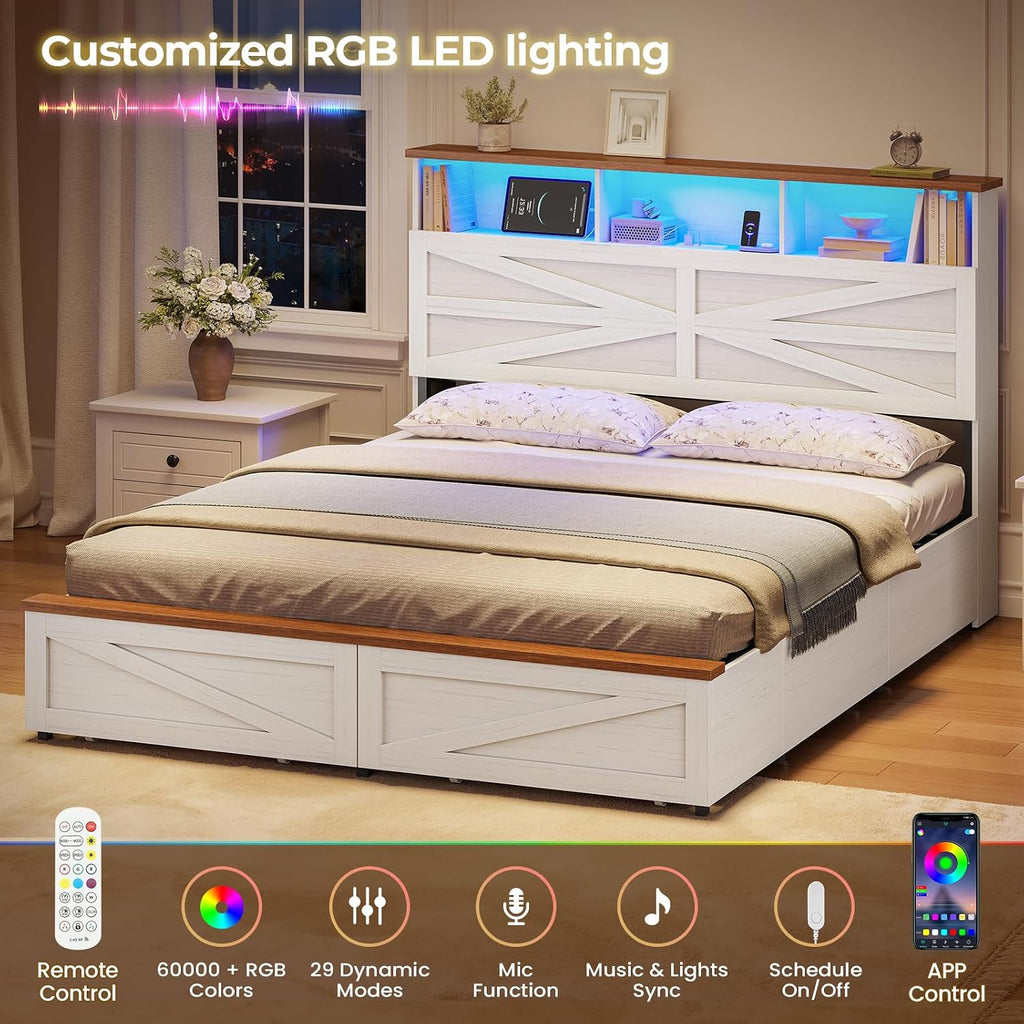 VIAGDO Full Size Bed Frame with 6 Drawers, Farmhouse Bed Frame with Barn Door Headboard and Storage, Wood Platform Bed Frame Full Size with Charging Station and LED Lights, No Box Spring Needed, White