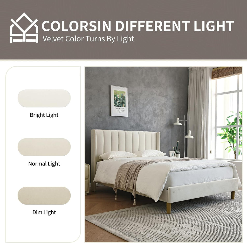 YUHUASHI upholstered Platform Bed Frame/Twin Bed Frame/Modern Geometric Double-Wing Design headboard/Velvet Fabric/Easy to Assemble no Noise (Cream, Twin)