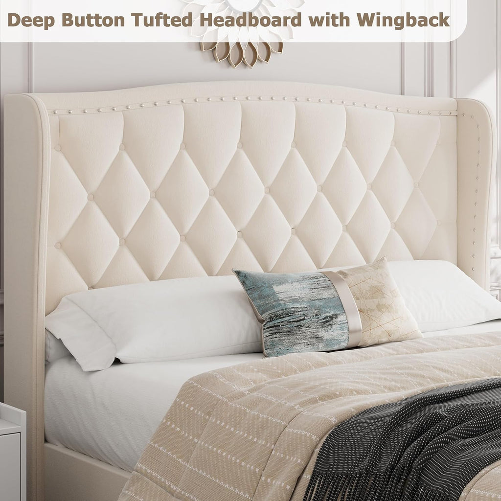 GarveeHome Full Size Bed Frame, Velvet Upholstered Full Size Platform Bed with Wingback Headboard, Wooden Slat Support, No Box Spring Needed, Easy Assembly, Beige