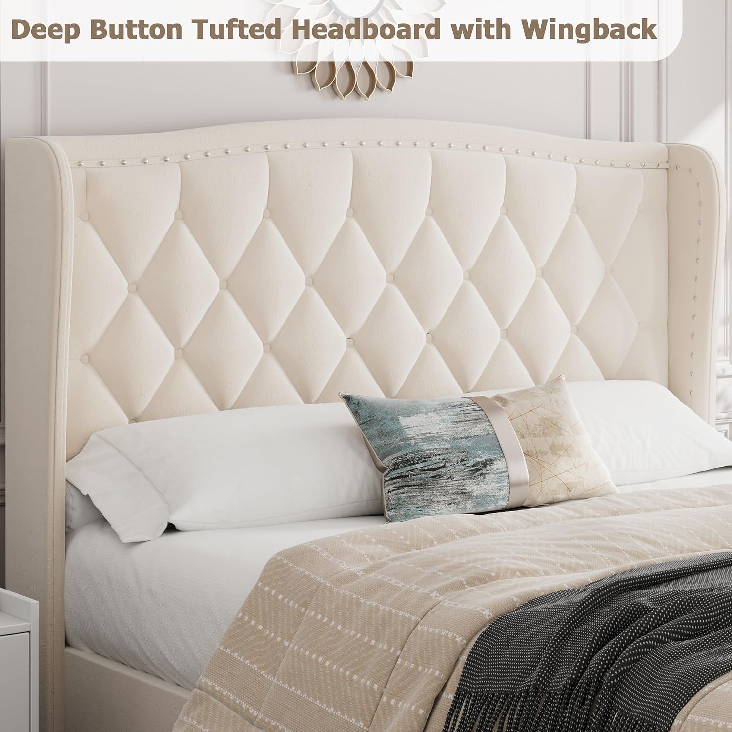 GarveeHome Full Size Bed Frame, Velvet Upholstered Full Size Platform Bed with Wingback Headboard, Wooden Slat Support, No Box Spring Needed, Easy Assembly, Beige