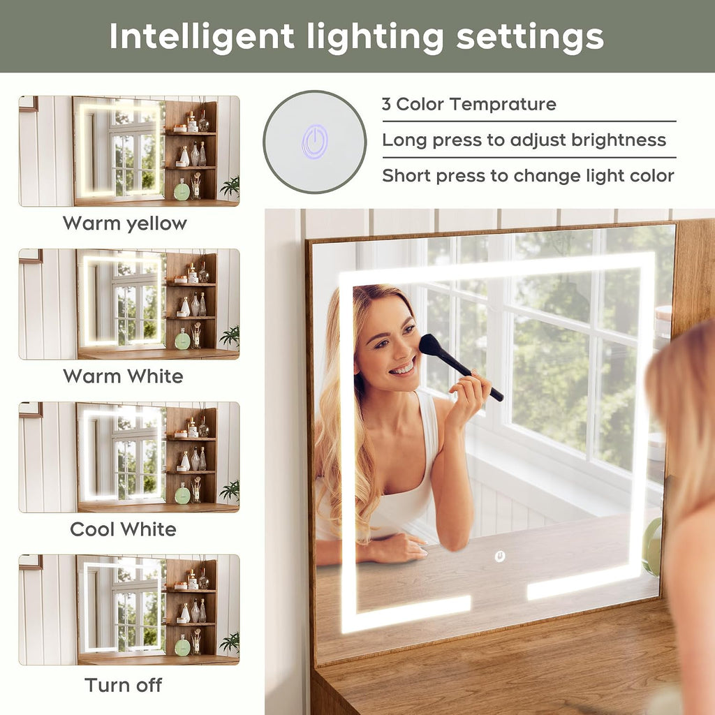 Yechen Boho Makeup Vanity Desk with LED Lighted Mirror & Power Strip, 35' Wooden Dressing Table Set with Rattan Drawers, Storage Shelves and Cushioned Stool for Bedroom, for Girls Women