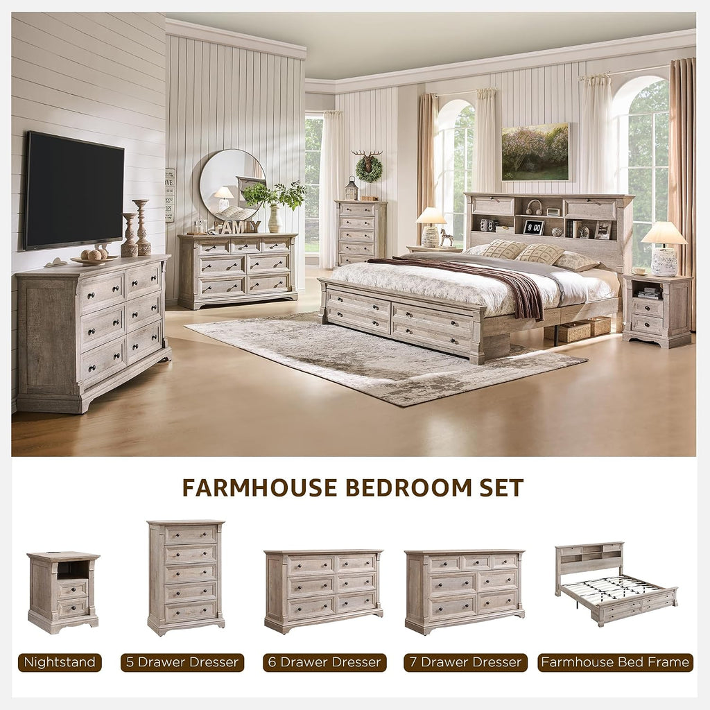 T4TREAM Farmhouse Queen Size Bed Frame with 54' Tall Storage Bookcase Headboard, Wood Platform Bed Frame with 18' Roman Column Decoration Footboard & 2 Drawers, No Box Spring Needed(Light Rustic Oak)