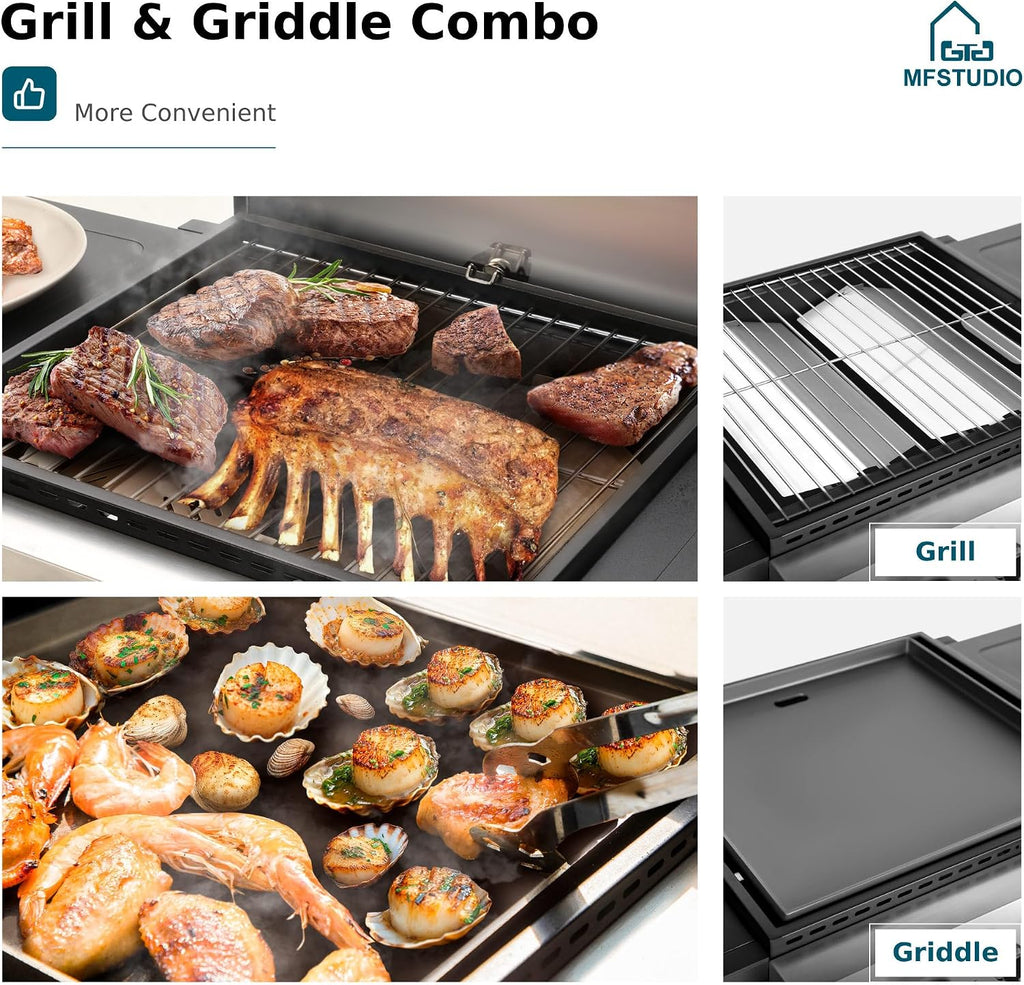 MFSTUDIO 2-Burner Propane Gas BBQ Grill with Cast Iron Griddle Pan, 20,000 BTU Output Small Barbecue Grill for Outdoor, Patio, Backyard and Balcony