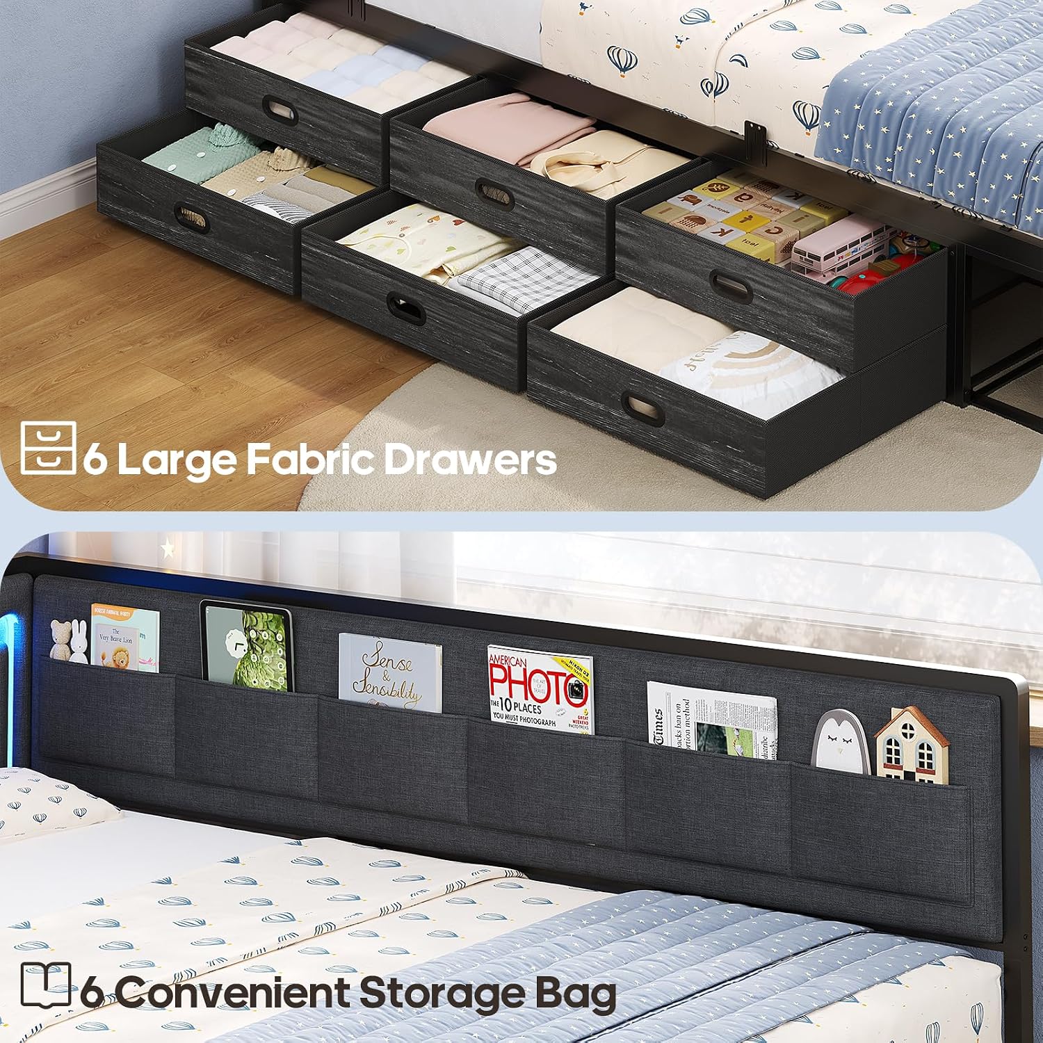 ADORNEVE Full Corner Bed Frame with 8 Drawers, 6 Storage Pockets, Full Daybed with Storage and RGB Wave Lights, Platform Bed with L-Shaped Upholstered Guardrail for Kids Teen,Grey