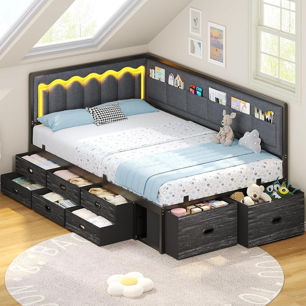 ADORNEVE Corner Bed Frame Twin with 8 Drawers, 6 Storage Pockets, Twin Daybed with Storage and RGB Wave Lights, Twin Size Platform Bed with L-Shaped Upholstered Guardrail for Kids Teen,Grey