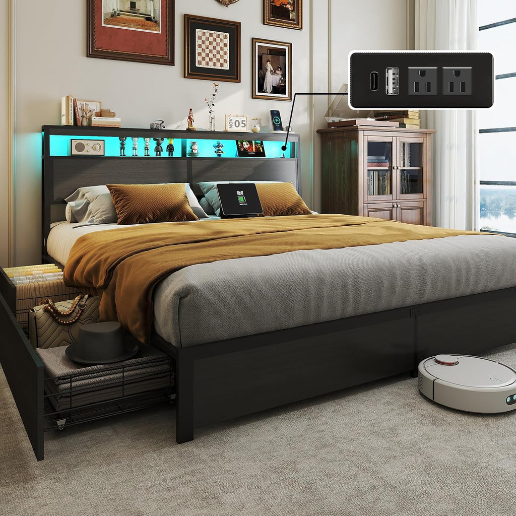 King Bed Frame with 2-Tier Storage Headboard and 4 Drawers, Metal Platform Bed Frame with LED & Charging Station, No Box Spring Needed/Noise Free/Easy Assembly, Rustic Grey