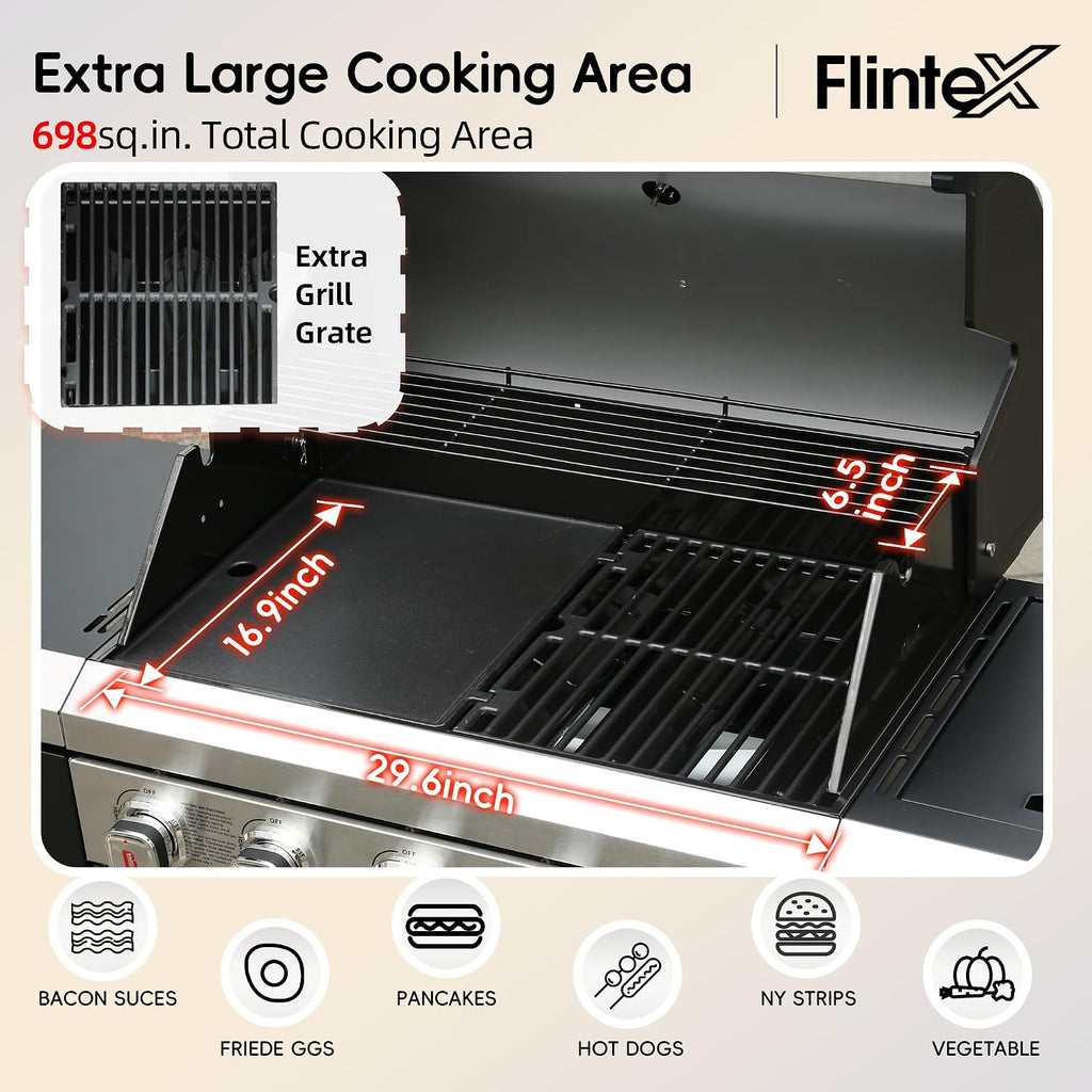 Flintex 5-Burner Propane Gas Kitchen Grill Island with Side Burner,52,000 BTU Stainless Steel BBQ Outdoor Griddle Grill Combo with LPG/NG Convertible and Storage Cabinets & Fold-out Table, Black
