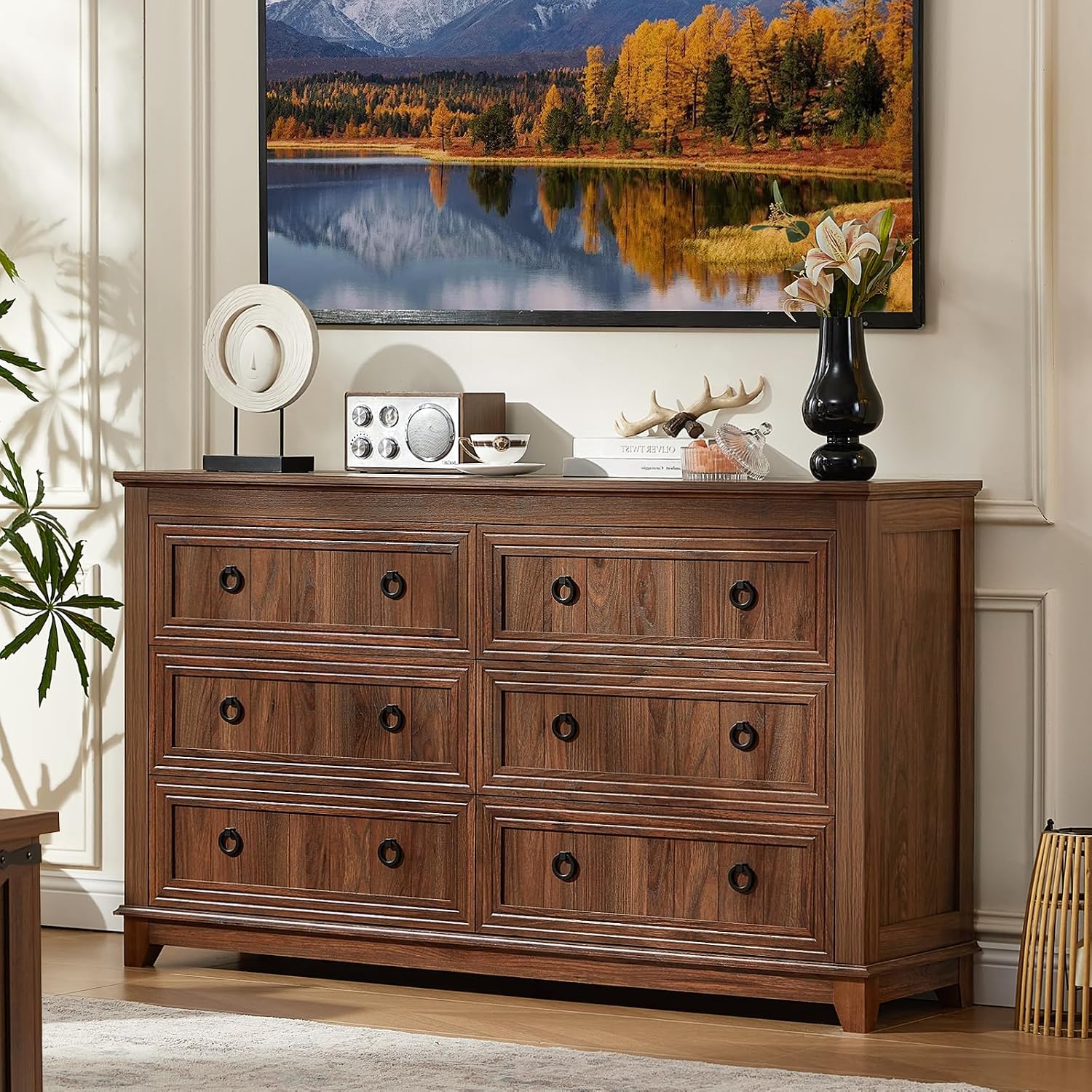 Joaxswe 6 Drawers Dresser for Bedroom, Farmhouse 54'' Dresser Chest of Drawers, Vintage Design Wood TV Stand, Rustic Storage Dressers Organizer for Bedroom, Living Room, Hallway-Brown