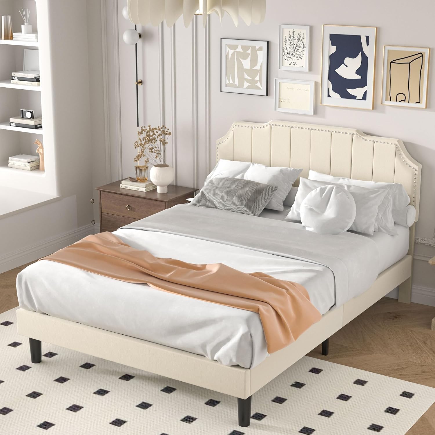 VECELO Queen Velvet Upholstered Platform Bed Frame with Tufted Adjustable Headboard/Mattress Foundation/Wooden Slat Support/Under Bed Storage Space/No Box Spring Needed/Easy Assembly