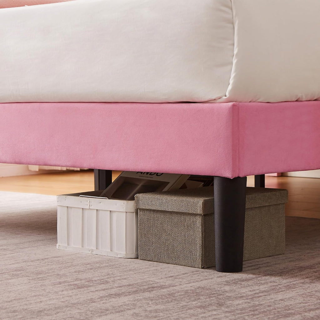 VECELO Queen Bed Frame, Platform Bed Frame with Adjustable Height Upholstered Headboard, Heavy-Duty Frames and Strong Wooden Slats Support, Non-Slip and Noise-Free, Easy Assembly, Pink