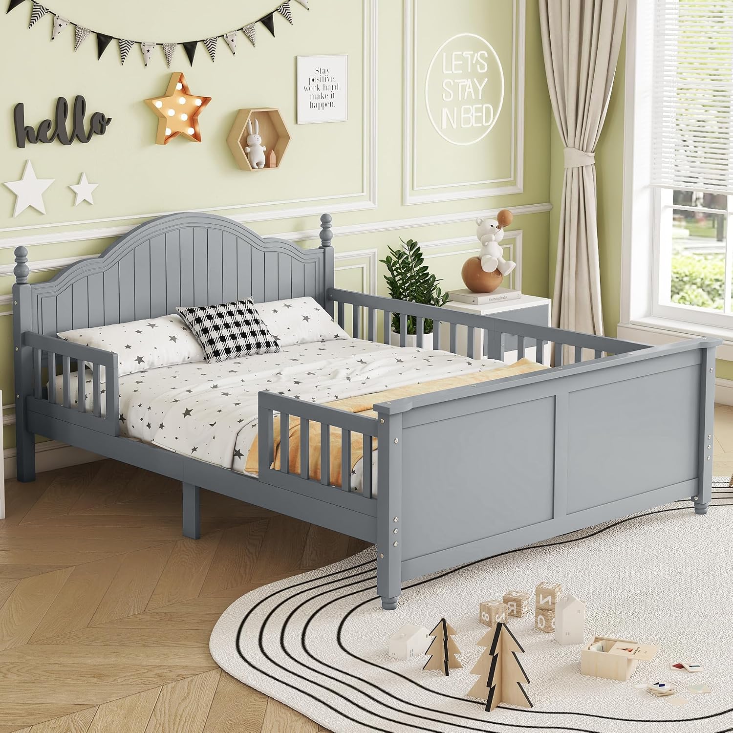 Full Size Kids Bed with Full-Length Guardrail,Low Profile Bed Frame with Headboard and Footboard,Wooden Platform Bed with 6.7-inch Under Bed Storage,Slats Support,Roman Column Design,Gray