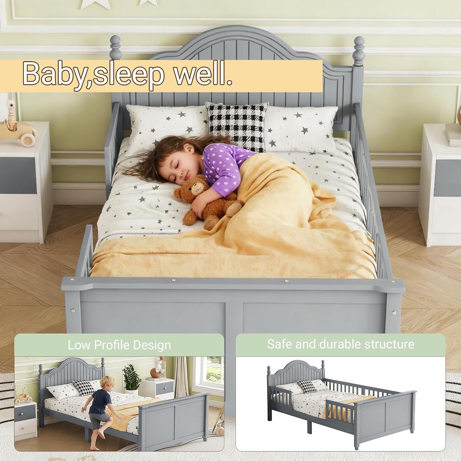 Twin Kids Bed Frame with Full-Length Guardrails, Low Profile Wood Platform Bed with Headboard & Footboard, Removable Safety Rails, 6.7' Under-Bed Storage, Roman Column Design, Twin Size, Gray