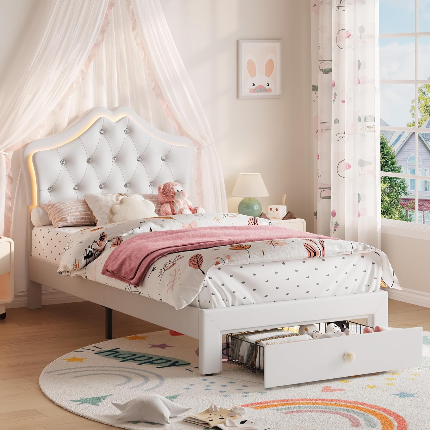 Garvee Twin Size Bed Frame with LED Lights & Velvet Crystal Button Headboard, Upholstered Boy/Girl Platform Bed with Storage Drawer, Noise Free, No Box Spring Needed for Kids, Teens, Beige