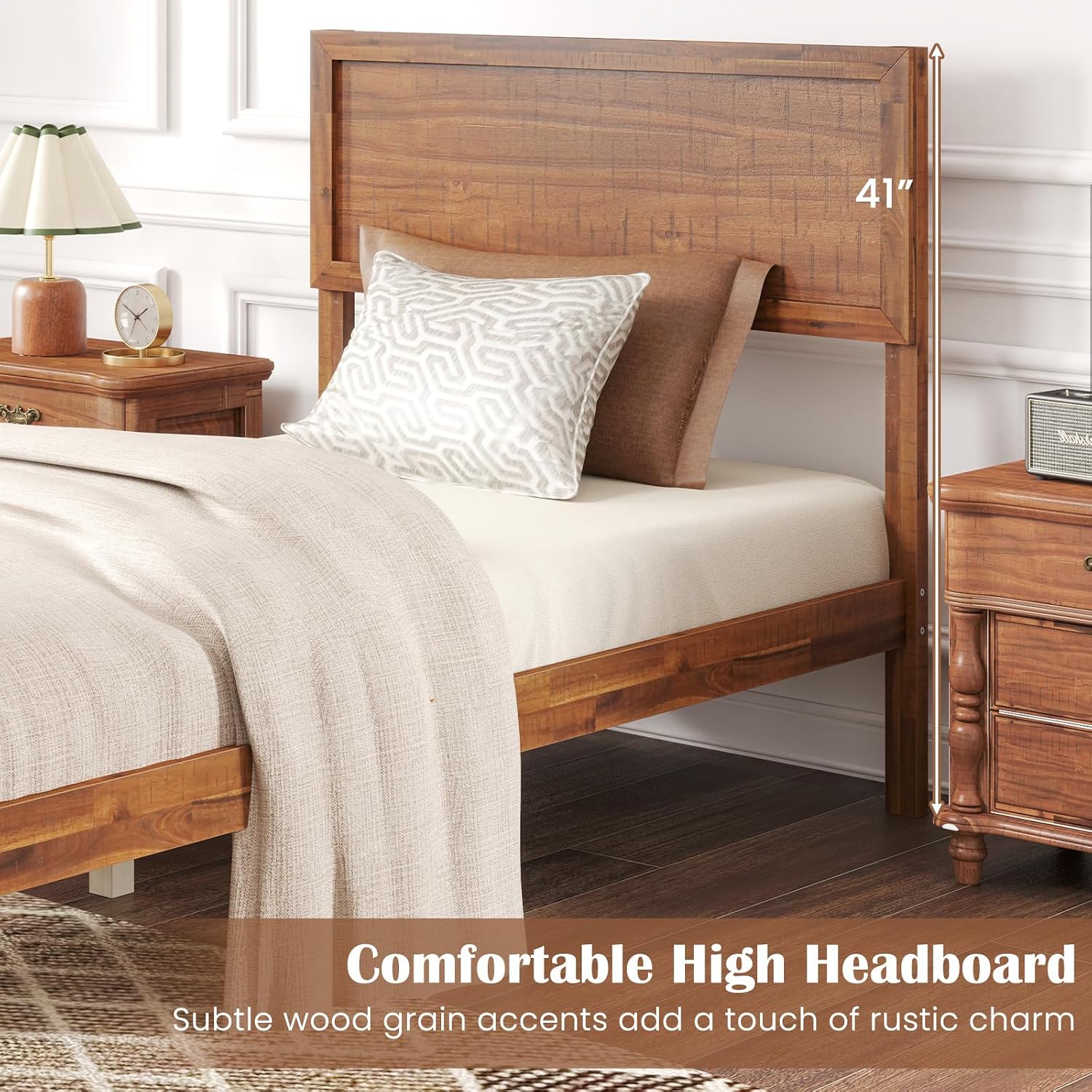 Giantex Wood Twin Bed Frames with Headboard, Mid Century Modern Platform Bed Twin Size with Solid Wood Legs & Wooden Slat Support, Easy Assembly, No Box Spring Needed, Walnut
