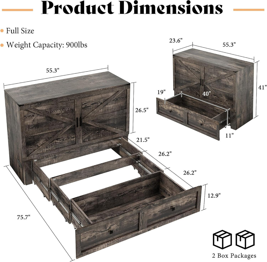 AMERLIFE Full Murphy Bed Cabinet with Charging Station and Storage, Farmhouse Foldable Platform Bed for Guest Room, Office, Small Spaces, Black Oak
