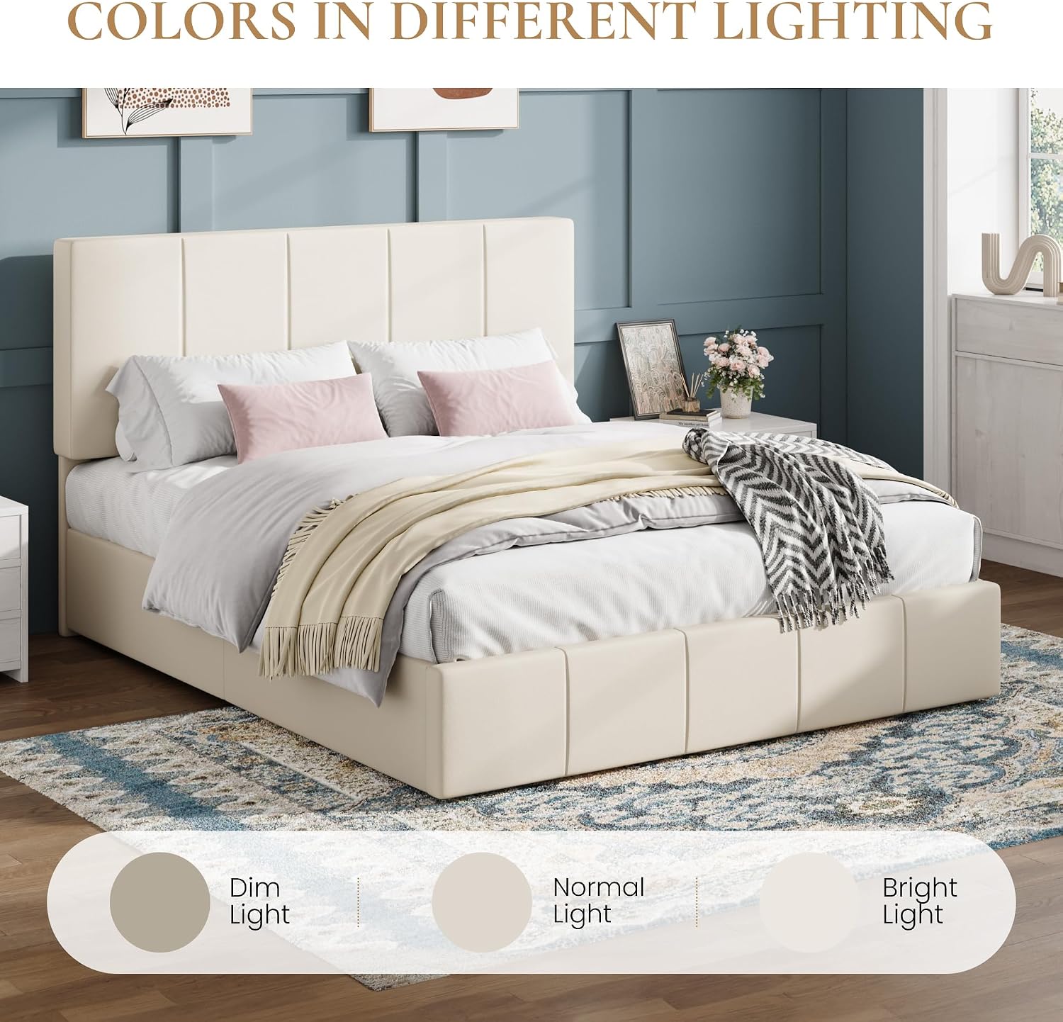 SHA CERLIN Full Size Bed Frame, Dutch Velvet Upholstered Platform Bed, Vertical Channel Tufted Adjustable Headboard, Low Profile Bed Frame, No Box Spring Needed, Easy Assembly, Cream